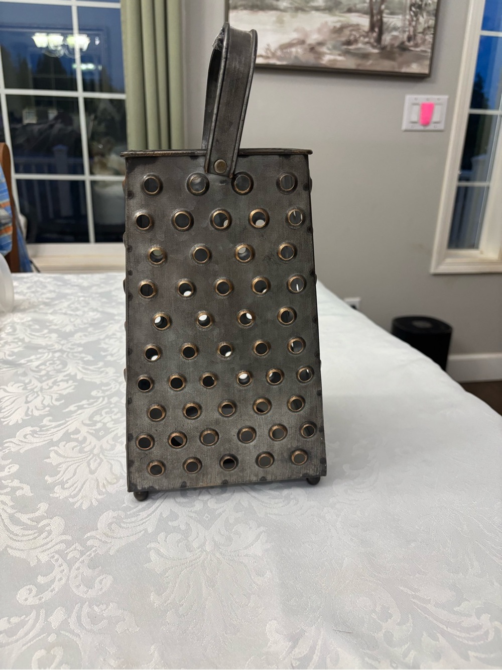 Primitive Vintage Looking Large Galvanized Kitchen Grater Pillar Candle Holder .